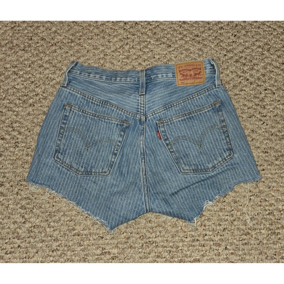 Levi's 501 Denim Shorts Women's Size 26 Blue Striped High Waisted Cut Off - Picture 1 of 7